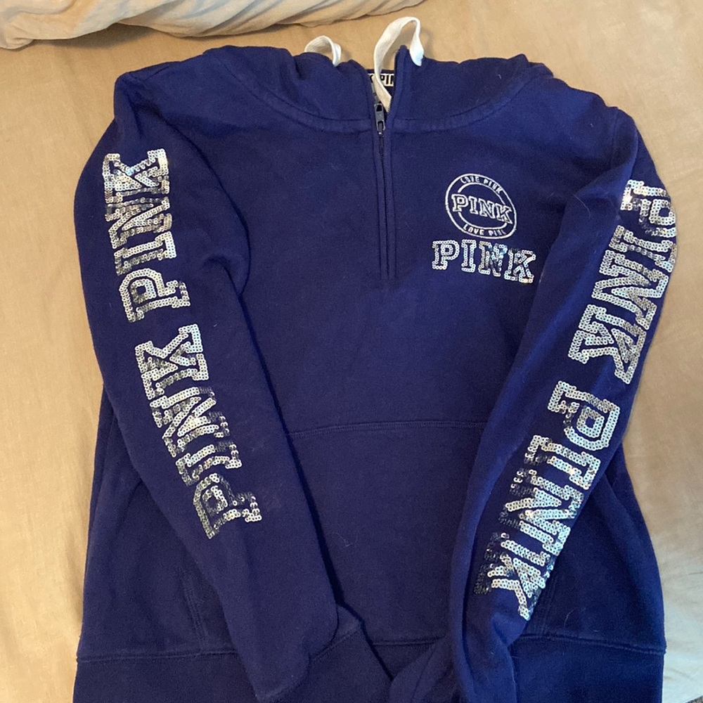 Victoria’s Secret pink 1/4 zip hoodie in royal blue with sequins in size small.